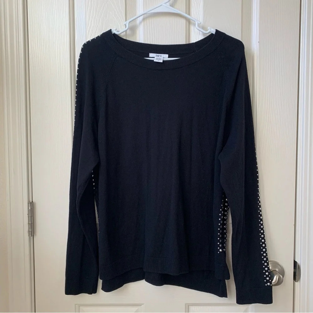 Bar III crewneck metallic embellished net long sleeves sleeves Black pullover L